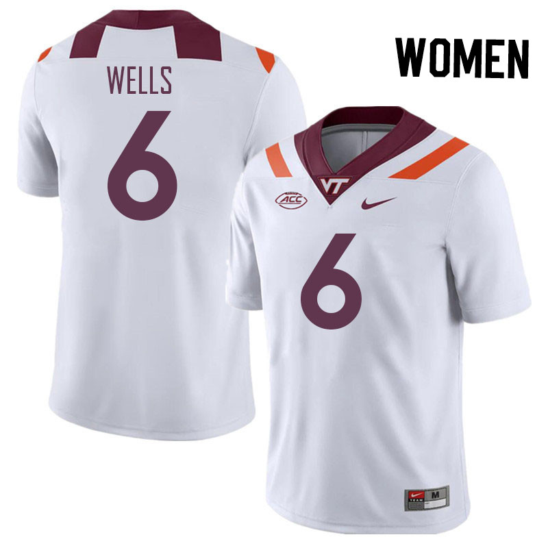 Women #6 Grant Wells Virginia Tech Hokies College Football Jerseys Stitched Sale-White - Click Image to Close